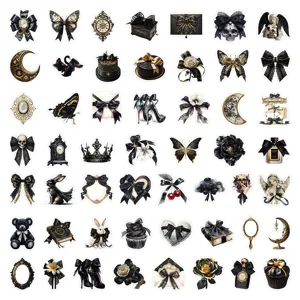 Gothic black gold ribbon sticker pack, 50pcs waterproof decorative stickers for laptop luggage.