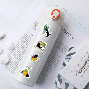 Niedliche schwarze Katze Pflanze Aufkleber wasserdichte Dekorationen fuer Handy Notizbuch