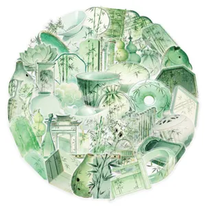 Light green Chinese style PTE transparent stickers set, elegant bamboo watercolor stationery.