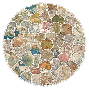 Vista detallada de pegatinas de mapas del mundo vintage con 50 calcomanías geográficas.