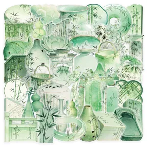 Detailed view of light green Chinese style bamboo transparent stickers, aesthetic decor.