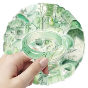 Green Chinese style PET transparent sticker detail showing bamboo bracelet journal decoration waterproof aesthetic.