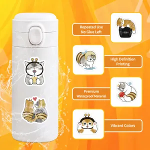 Cute cartoon cat waterproof stickers detail showing reusable adhesive and high definition print.