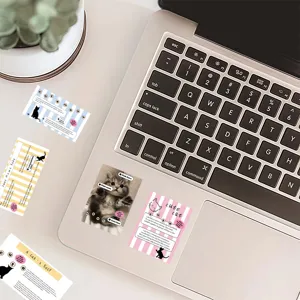 Close-up of cute cat stickers with English text, perfect for phone cases and journals.
