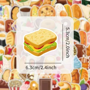 Joli autocollant sandwich de dessin animé avec dimensions, sticker en vinyle imperméable mignon.