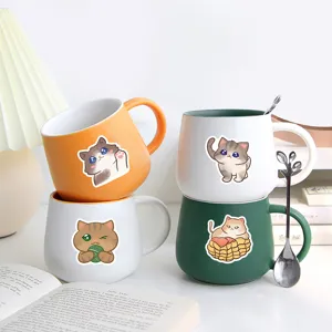 Set di tazze da caffè in ceramica con grazioso motivo di gatto e cucchiaio per la casa.