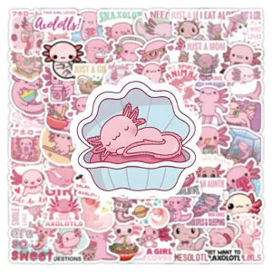 Cute pink axolotl waterproof stickers set for journaling, laptop and luggage decoration.