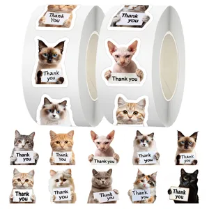 Adorables rouleaux d'autocollants de remerciement chat pour emballage cadeau et déco DIY.