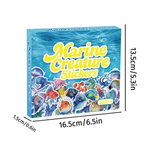 Marine creature stickers gift box detail view showing dimensions and 200pcs design packaging.