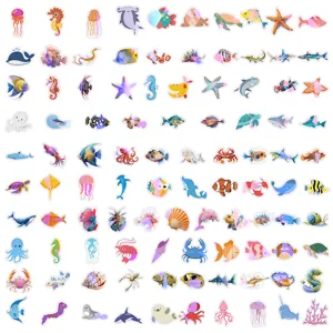 Ocean creatures sticker set detail, various colorful marine animals like fish and whales.
