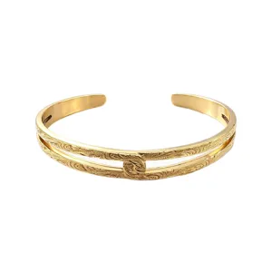 Gold plated titanium steel Hawaiian vine engraved open cuff bracelet for women chic.