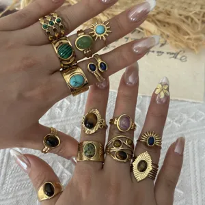 Vintage 18k gold plated irregular lava gemstone stacking rings for women fashion jewelry