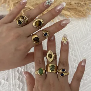 Vintage gold stacked rings set with natural tiger eye and green gemstone boho knuckle rings.