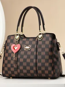 Brown checkered women handbag large capacity versatile tote bag stylish shoulder messenger bag