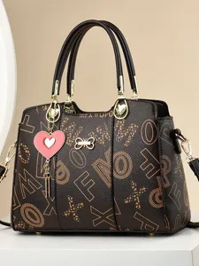 Stylish large capacity women handbag brown leather crossbody bag with letter print and heart charm.
