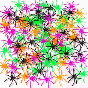 Colorful Halloween plastic spiders bulk mini creepy toys party spooky decor props.