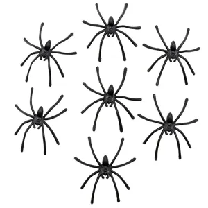 Mini black plastic spiders detail, scary Halloween party decoration props, set of creepy toys.
