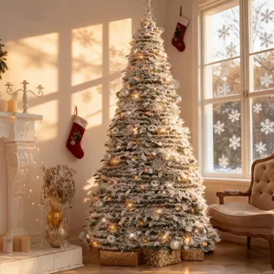 Artificial frosted Christmas tree with warm lights and silver ornaments for holiday decor.