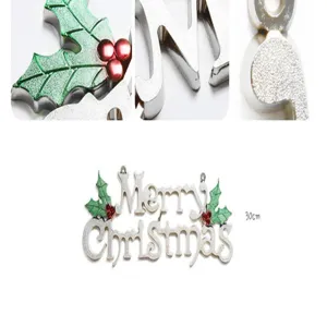 Close-up details of metallic Christmas hanging ornament letters, festive holiday decor.