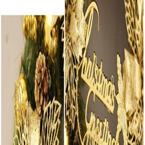 Dettaglio di ghirlanda natalizia con foglie d'oro, pigne e cartello di auguri festivi.