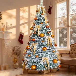 Detailed view of artificial Christmas tree with snow effect, gold ornaments and festive ribbon.
