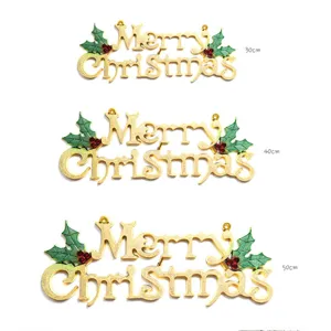 Gold Merry Christmas hanging sign tree decoration with holly leaves in 30 40 50cm sizes