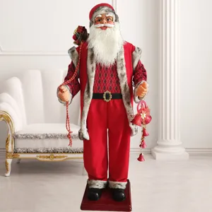 Large standing Santa Claus holiday decoration figure with plush trim for Christmas decor