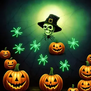 Detailed view of Halloween glowing spiders and pumpkin props for spooky holiday party scenes.