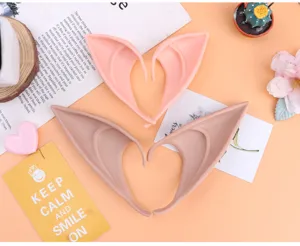 Detailed view of cute pink and brown elf ears cosplay props for party, soft material.