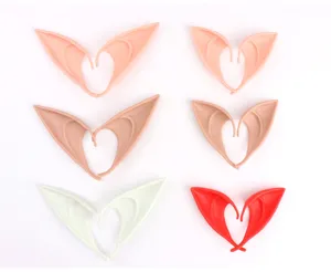 Detailed view of colorful cosplay elf ears props, showing various skin tones and bright colors.