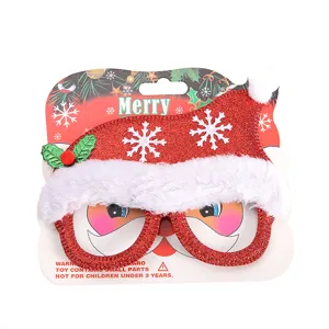 Dettaglio occhiali festa di Natale, montatura cappello Babbo Natale glitter rosso bordo peluche.