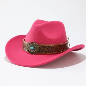 Pink wool felt cowboy hat with tooled leather band and turquoise concho detail for adults.
