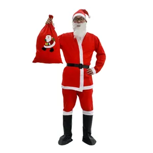 Set costume da Babbo Natale per uomo con giacca rossa, pantaloni, cappello, barba e borsa.