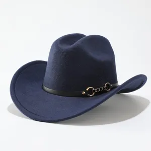 Navy blue felt cowboy hat detail featuring a black leather band and stylish metal chain buckle.