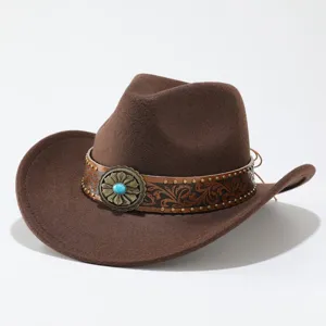 Unisex Retro Wool Felt Fedora Hat Wide Brim Cowboy Hat Ethnic Style Leather Band Jazz Cap For Outdoor Travel Adults