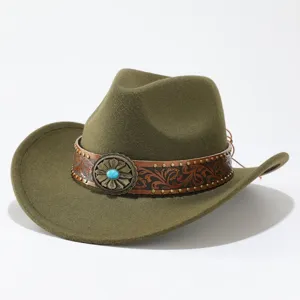 Army green wool felt cowboy hat detail, retro western style with leather band and turquoise stone.