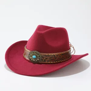 Red wool felt cowboy hat with embossed leather band turquoise concho western jazz fedora cap