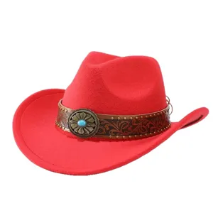 Red felt cowboy hat western jazz cap with turquoise stone concho leather band main view.