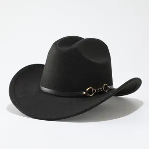 Classic black wool cowboy hat detail, featuring a stylish leather strap with metallic horsebit accent.