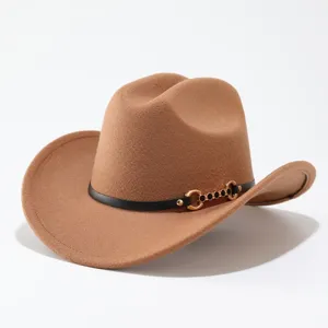 Brown felt cowboy hat detail, wide upturned brim, black leather belt, gold metal buckle accent.