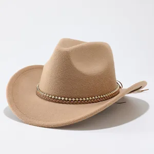 Khaki felt cowboy hat detail, braided band with sparkling rhinestone chain, vintage style.