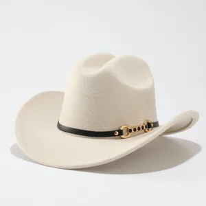 Womens fashion felt western cowboy hat with metal chain strap, chic retro fedora cap.
