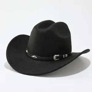 Cappello fedora in feltro nero con fibbia, cappello da sole rétro a tesa larga stile cowboy.