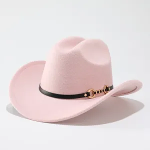 Pink wool western cowboy hat with black leather strap and gold ring buckle for women.