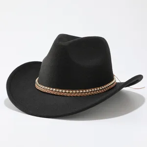 Classic black western cowboy hat with brown braided rhinestone band for men and women