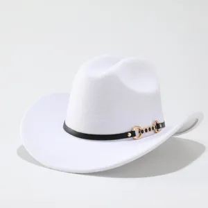 White felt western cowboy hat with black strap and gold metal buckle for women fashion.