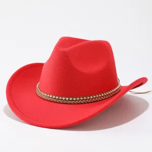 Red felt western cowboy hat with beaded braided band retro jazz fedora hat for men and women