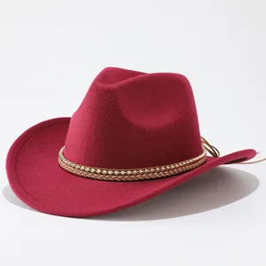 Red felt western cowboy hat with rhinestone braided band, retro fedora jazz hat for styling.
