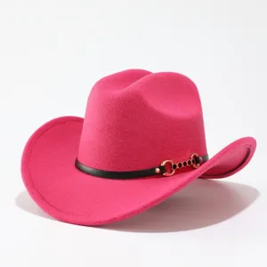 Hot pink felt western cowboy hat with black leather band and metal horsebit detail detail shot