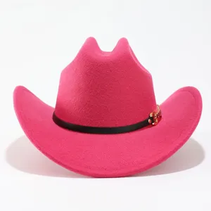 Pink felt western cowboy hat with black band and gold metallic letter side decor chic.